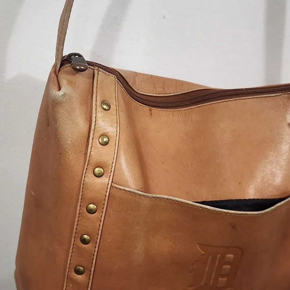 Leather Zip Top Handbag Purse Crossbody Bag Detroit Tigers MLB Brass Stud 11x9x4